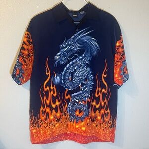 Amplify Men's button-up Shirt Flame Chinese Dragon Graphic Print size L. Navy